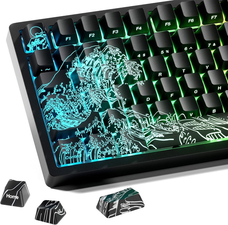 HITIME x XVX Kanagawa Keycaps 60 75 100 Percent - Shine Through Keycaps w/IMD Tech, for Mechanical Keyboards, Full 118 Key Set, OEM Profile, Lines Backlit, Side Printed - Black - Image 1